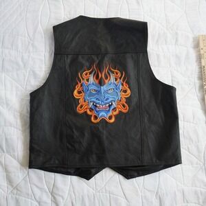 VTG Black Leather Vest‎ USA Leather XL Motorcycle Biker Devil Demon Embroidered